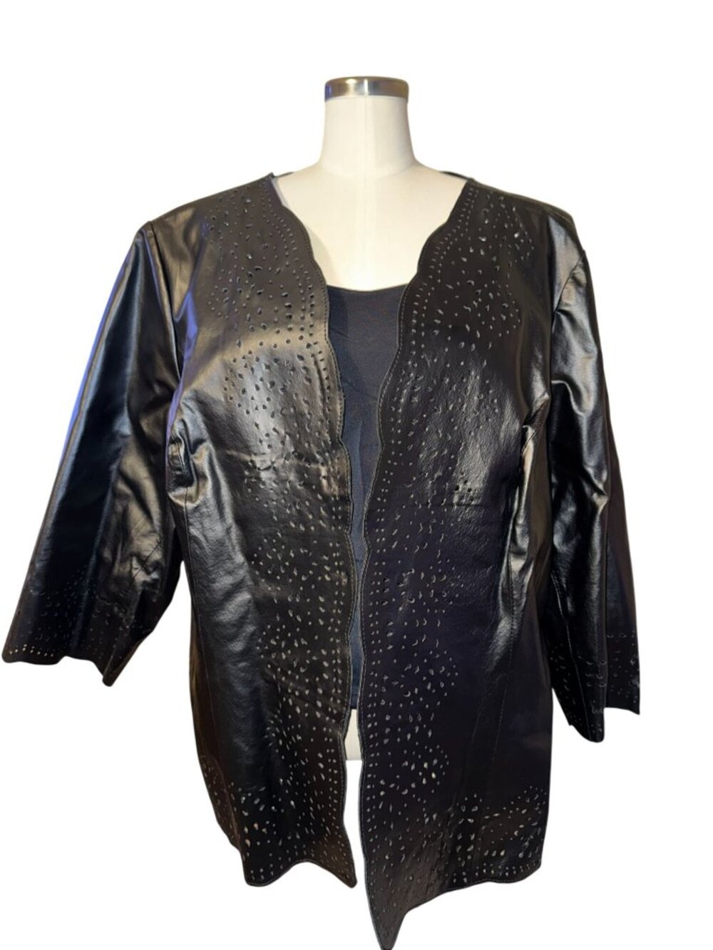 Jessica London Plus Size Black Laser-Cut Leather Jacket Open Front